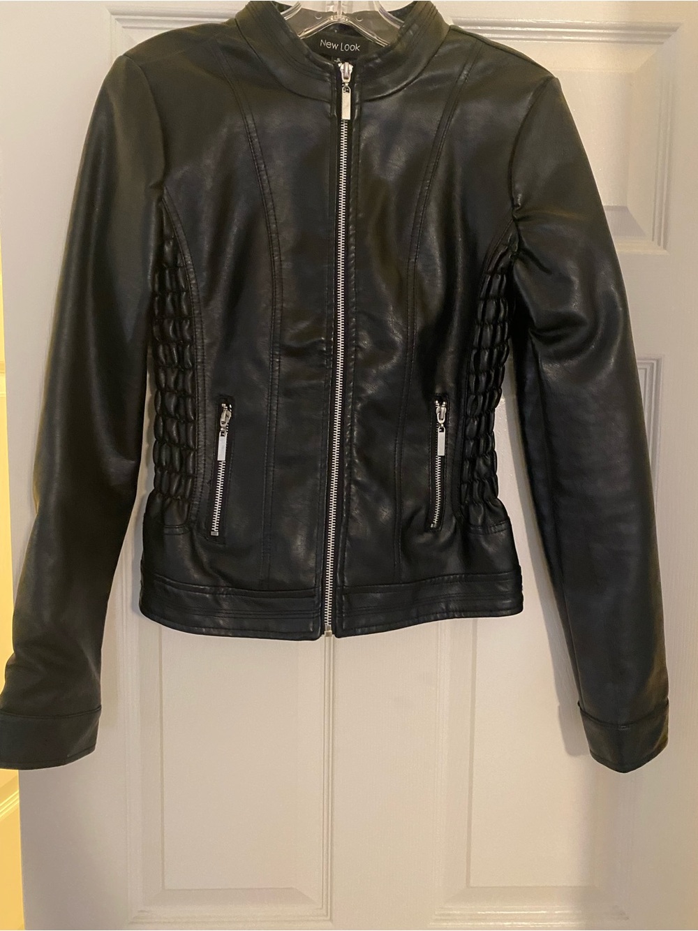 New Look Black Faux Leather Moto-Style Jacket with Quilted Side Panels